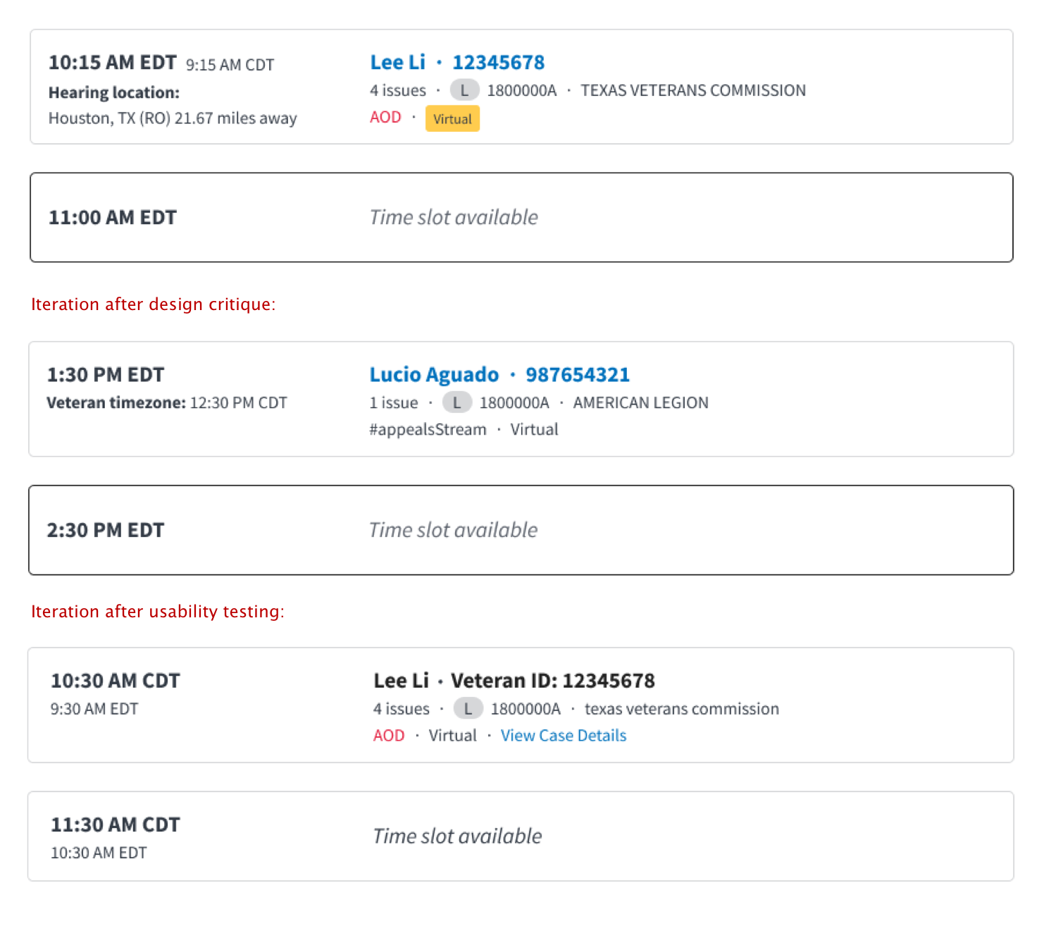 Three iterations of the time slot component design, showing both a scheduled and an empty time slot for each