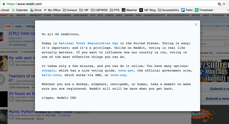 Screenshot of Reddit voter registration modal