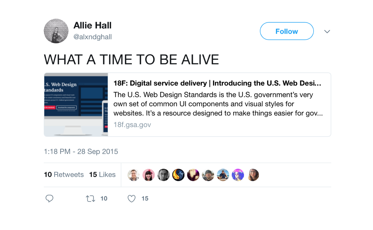 Tweet from @alxndghall saying, 'WHAT A TIME TO BE ALIVE' and linking to a blog post about the web design standards