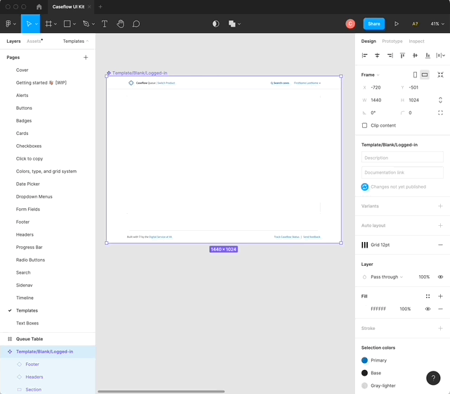 An animation showing a page template, part of the Caseflow UI Kit, that uses Figma's layout functions to simulate responsive resizing.