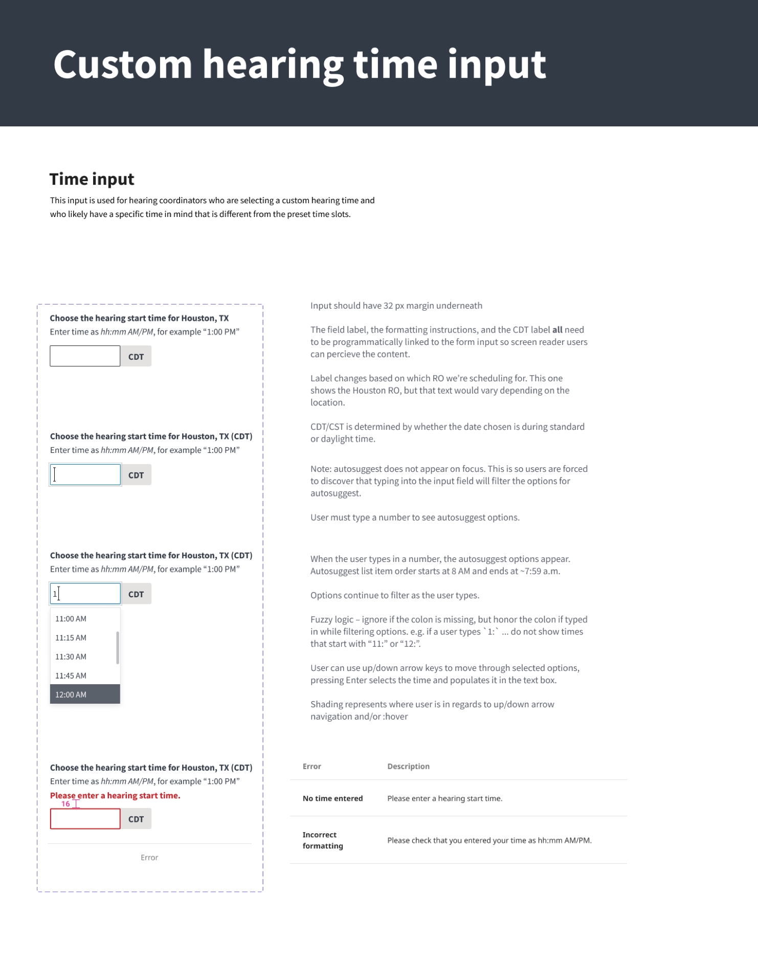 An image of a custom time input with annotations for interactivity and error messages