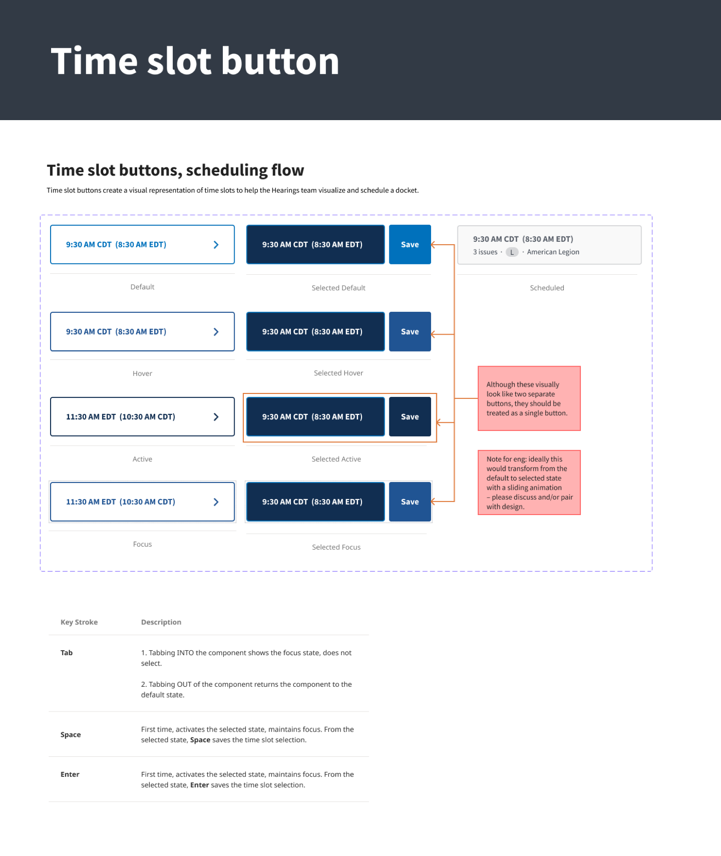 An image of time slot buttons in different states and with keyboard interaction notes.