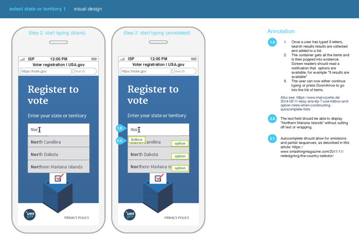 Annotated mock-ups of vote.gov state picker